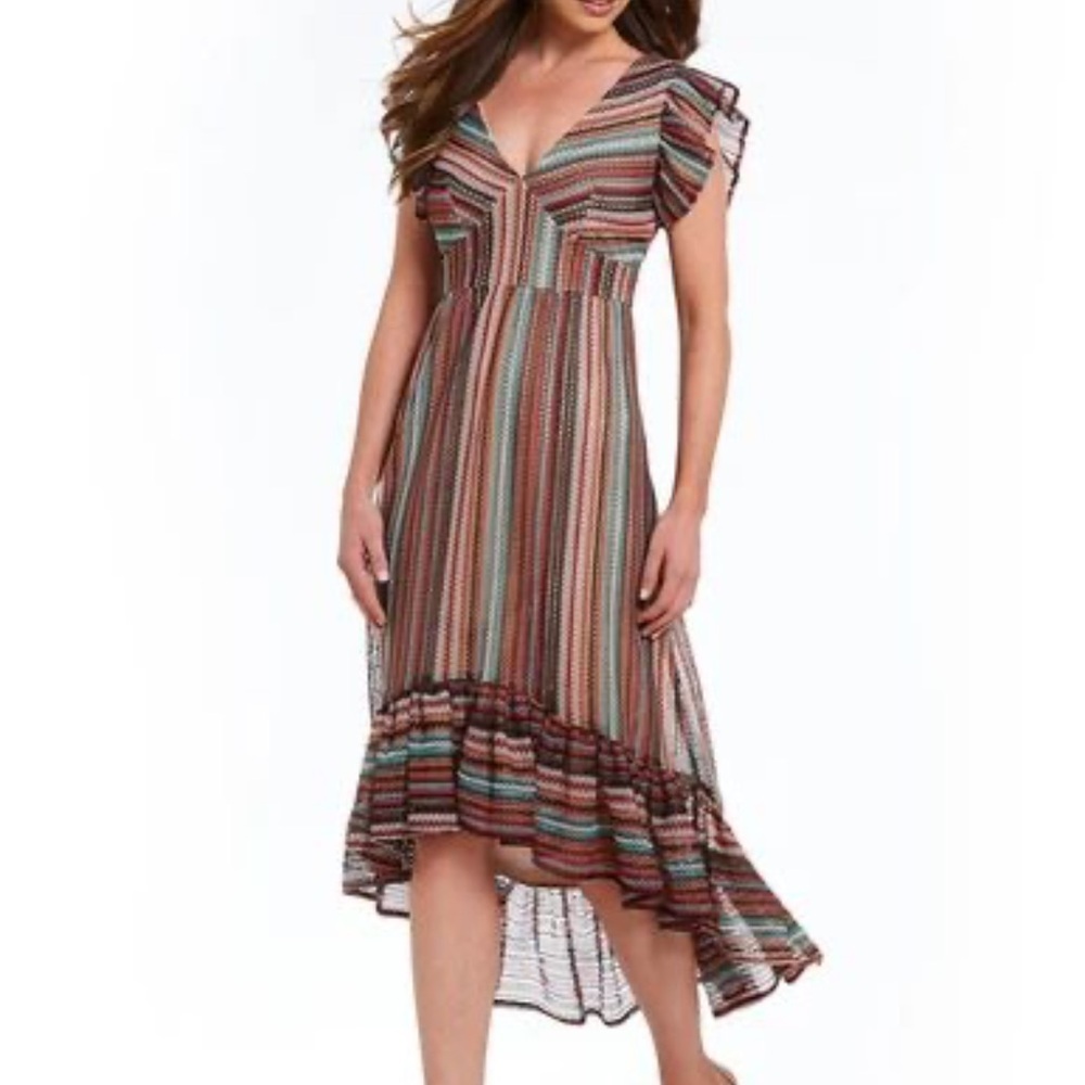 EVA FRANCO ANTHRO "Mina" Party Boho Crochet Cuba Stripe Ruffle SLV Hi-Lo Midi 14